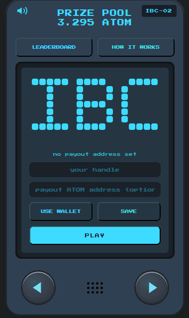 Screenshot of the IBC packet catching arcade game interface